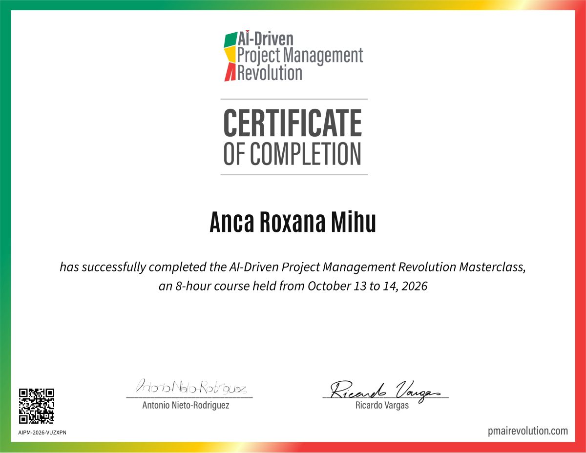 Certificate: Anca Roxana Mihu, AI-Driven Project Management Revolution Masterclass