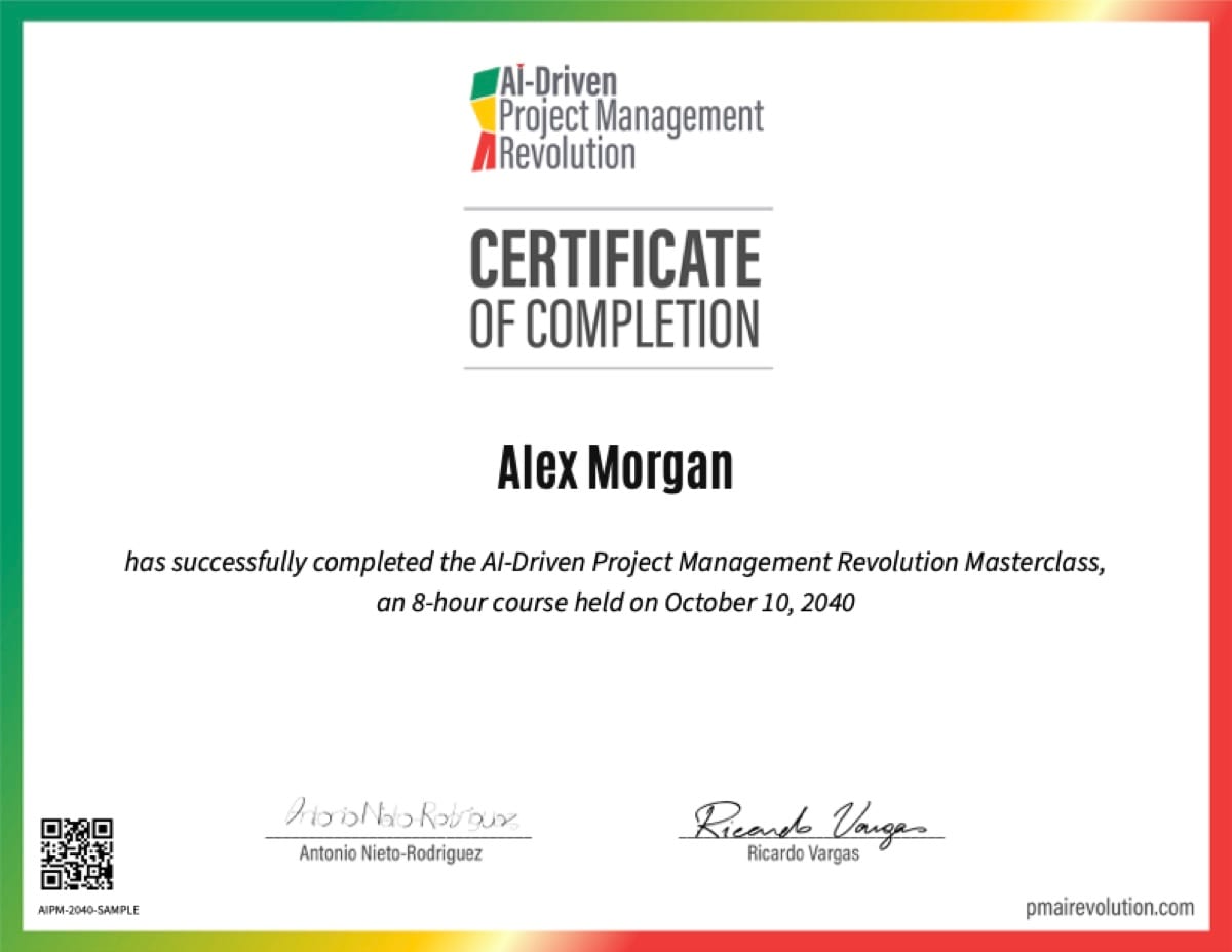 Certificate: Alex Morgan, AI-Driven Project Management Revolution Masterclass